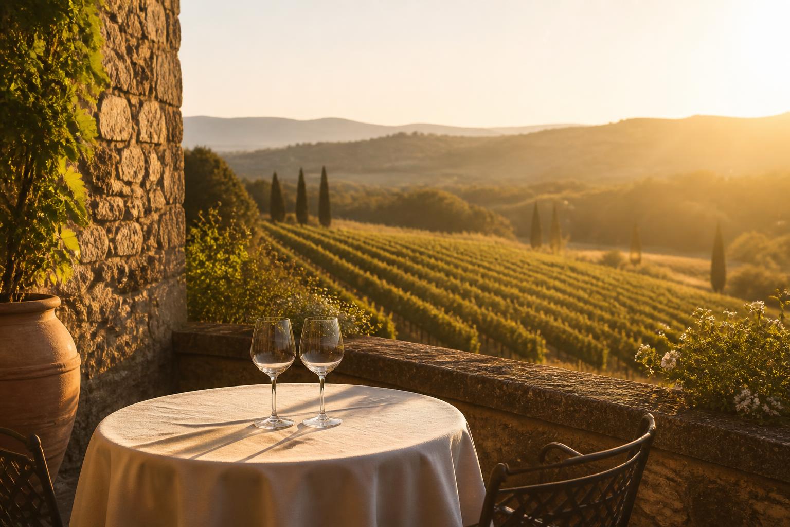 Tuscan terrace overlooking vineyards