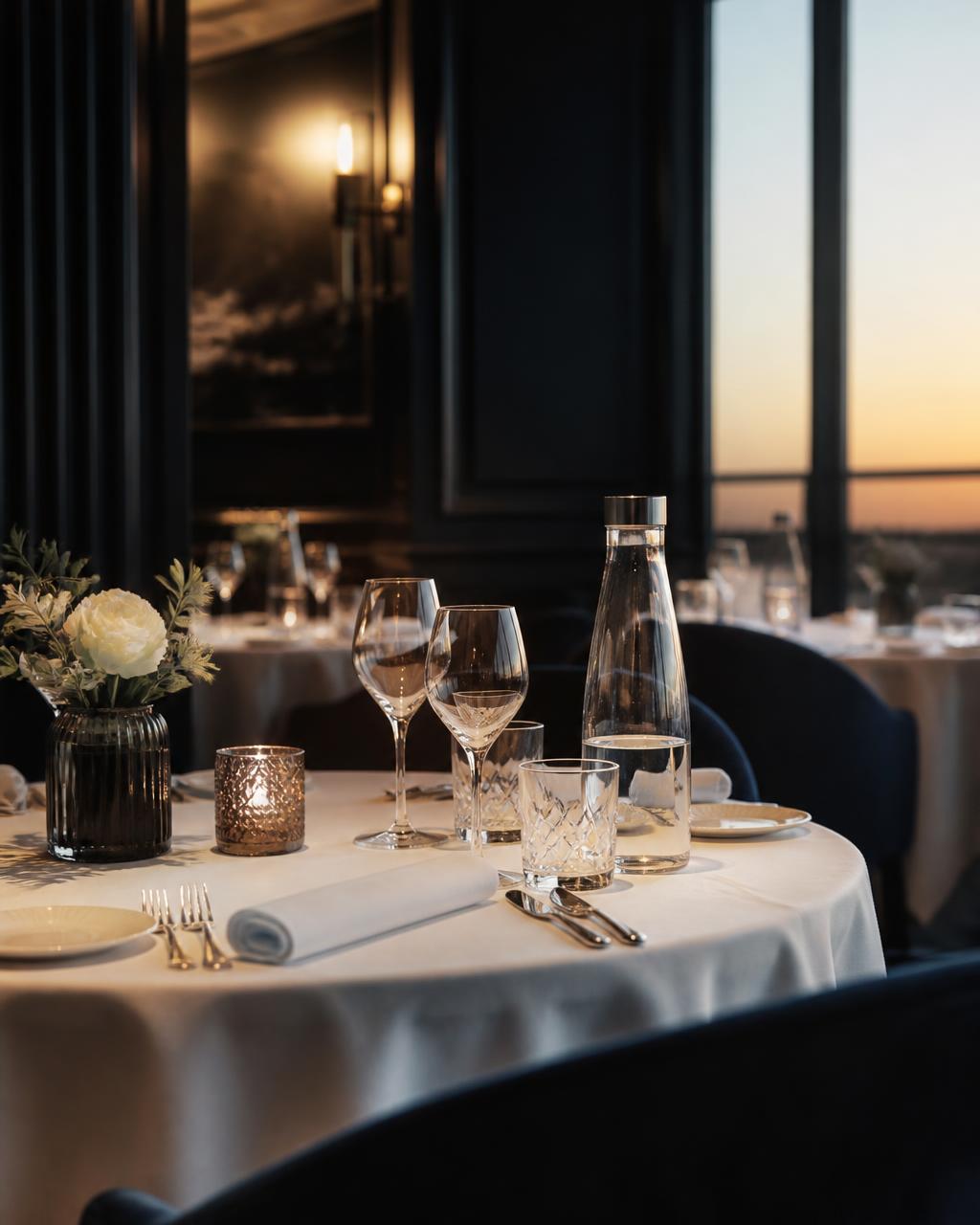 A fine dining table set with crystal glassware and a clear glass water bottle